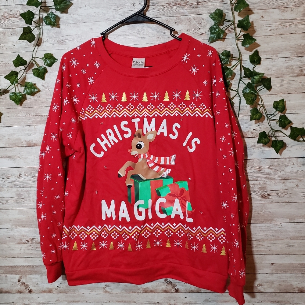 Rudolph The Red Nose Reindeer Red Long Sleeve Sweater Christmas Green Light Up